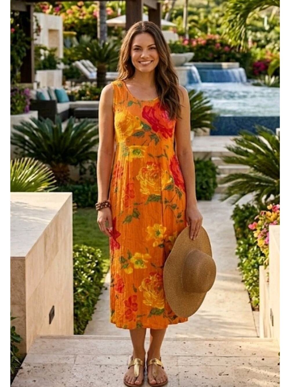 Jams World Dress Womens Small Orange Floral Tropical Pockets Vintage